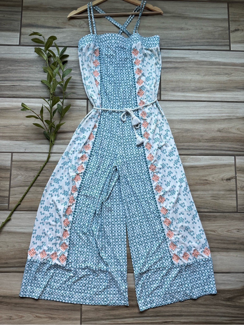 Cabana Life Jumpsuit S Teal Orange Geometric Wide Leg Tassel Belt Resort Coastal
